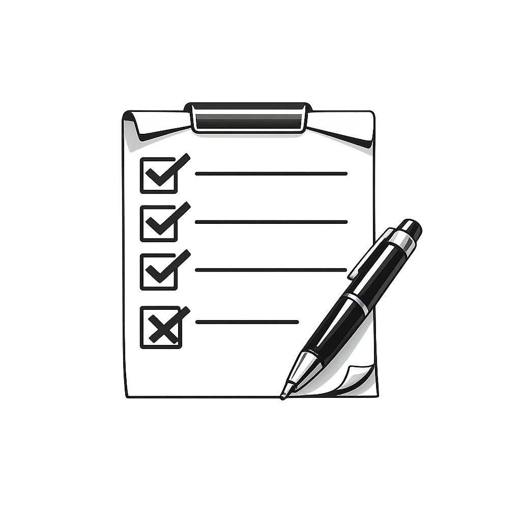 Een checklist op een clipboard met vier items, drie items aangevinkt en één item gemarkeerd met een kruis, naast een zwarte pen.