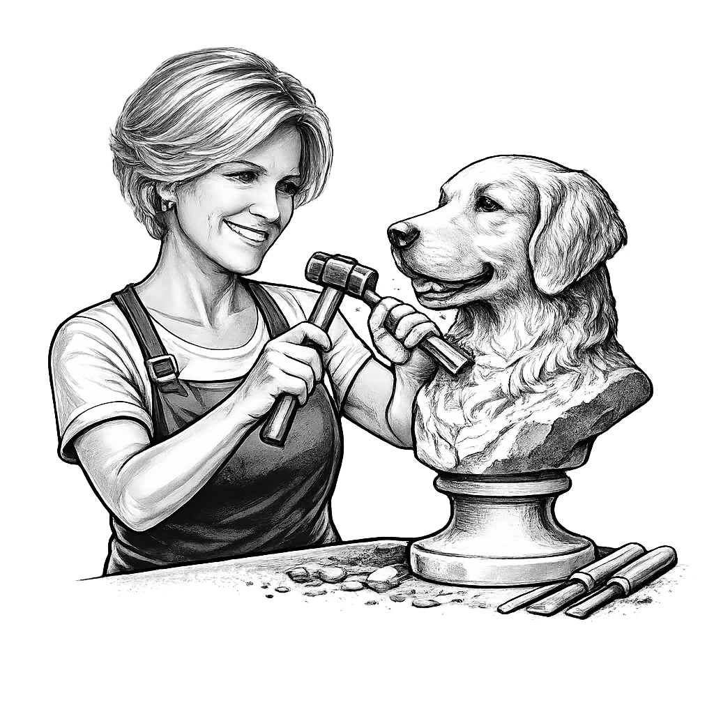 Illustratie van een vrouw die een gouden retriever hond beeldhouwt.