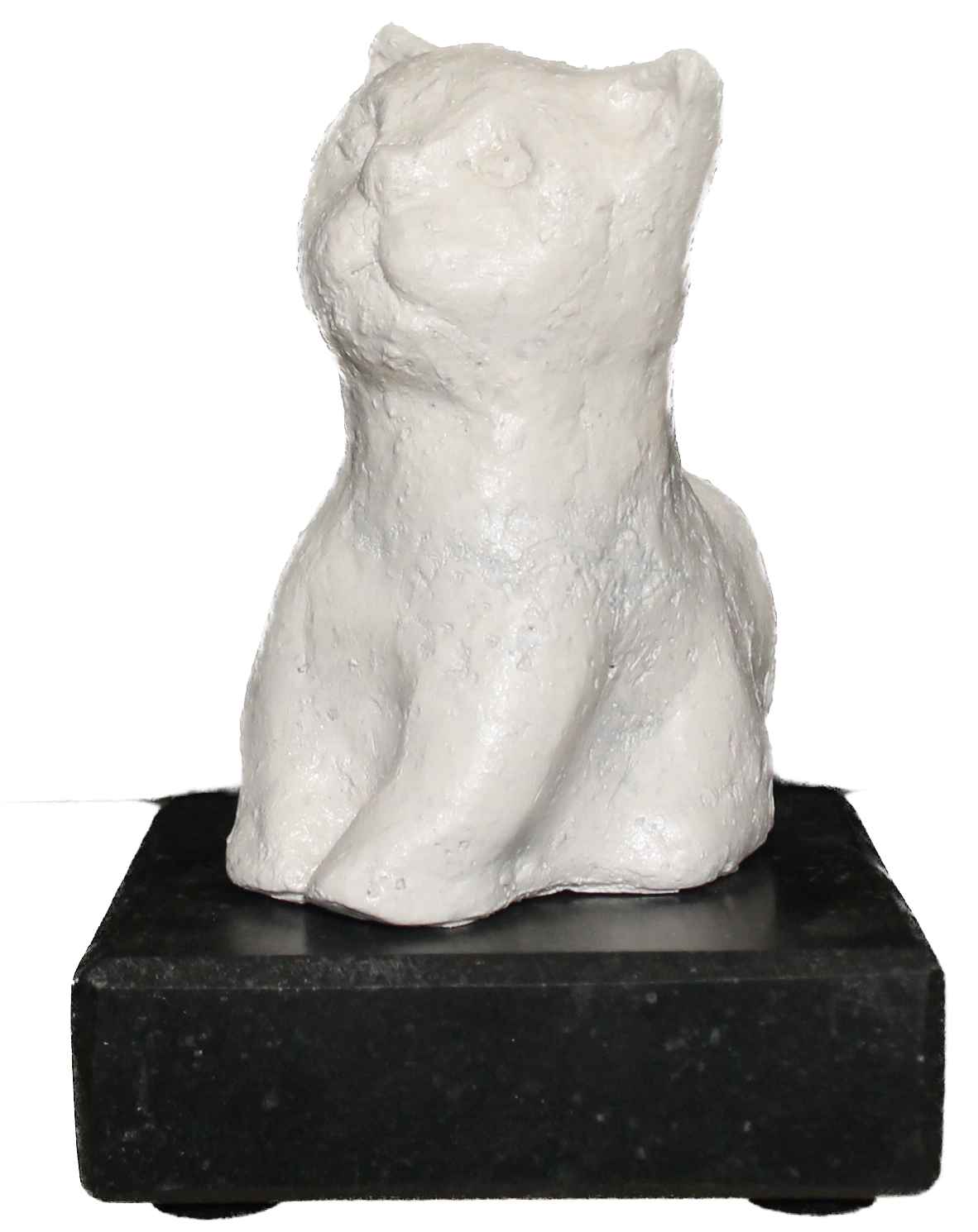 Een witte beeldhouwwerk van de bovenkant van een menselijke torso met een kat-achtige kop, geplaatst op een zwarte sokkel.