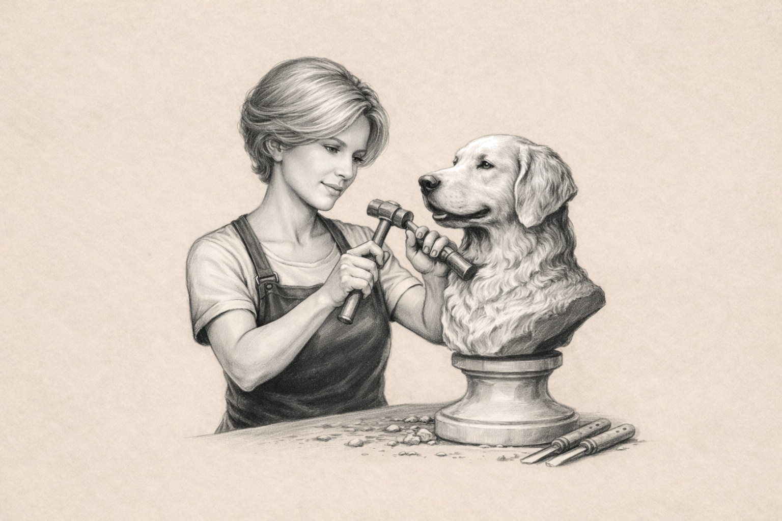 Een vrouw met kort haar poetst de vacht van een hondenballon met een kleine kwast, beide worden afgebeeld in een getekende stijl in zwart-wit.