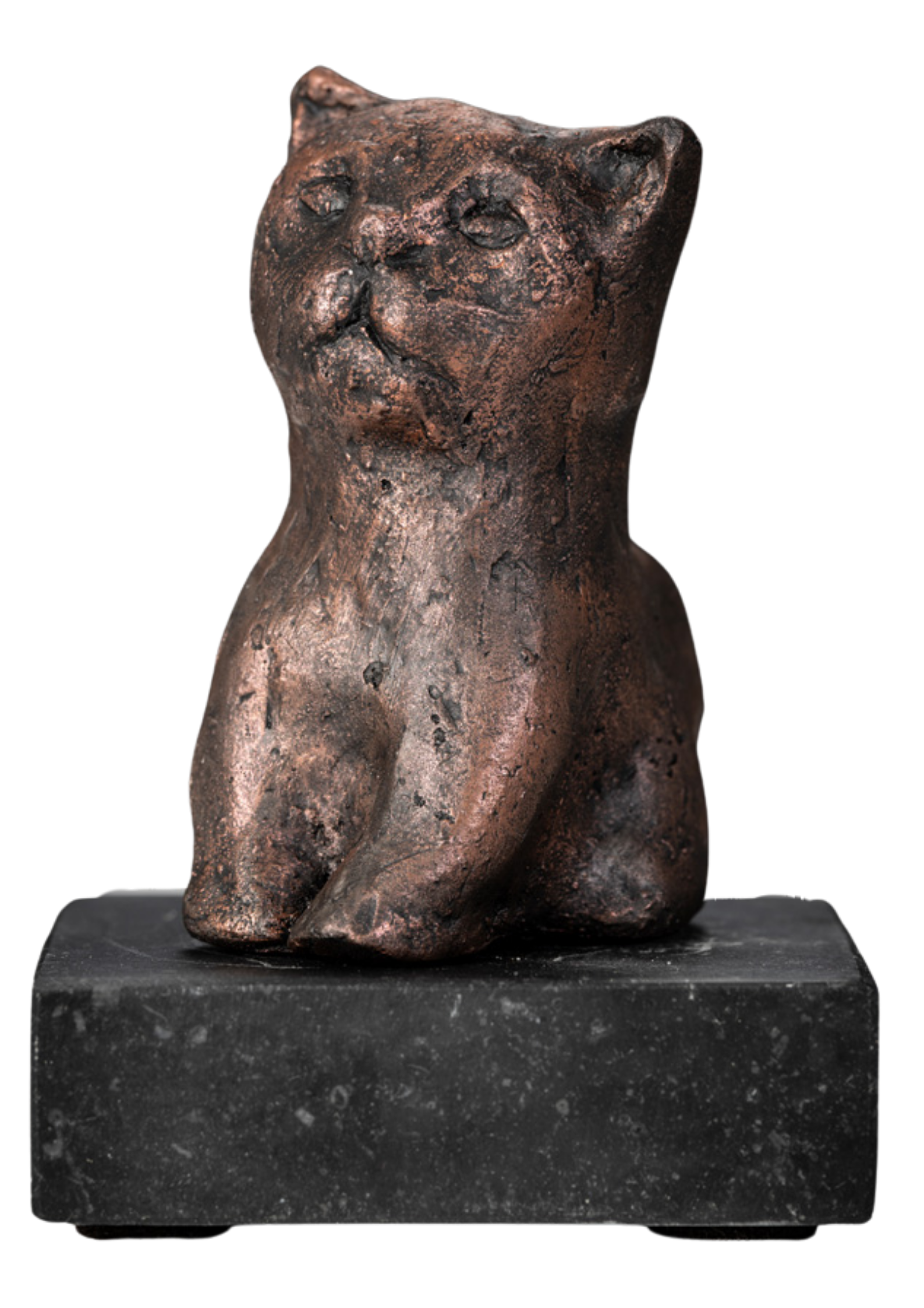Een oud, bruin metalen beeldhouwwerk van een kat op een zwarte basis.