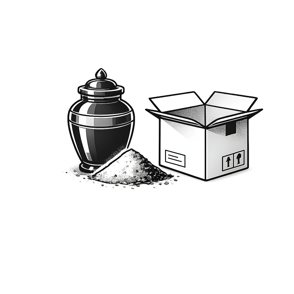 Een grafisch zwart-wit illustratie van een open kartonnen doos en een urn met poeder, naast een poederhuls.