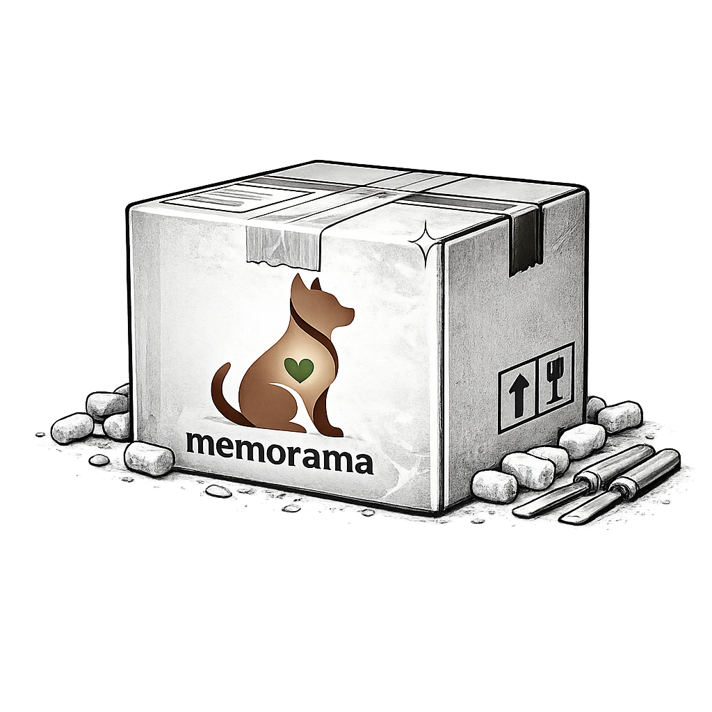 Een getekende doos met een afbeelding van een hond met een groen hart, en het woord 'memorama'. De doos is omringd door kleine stenen en speelgoed treinen.
