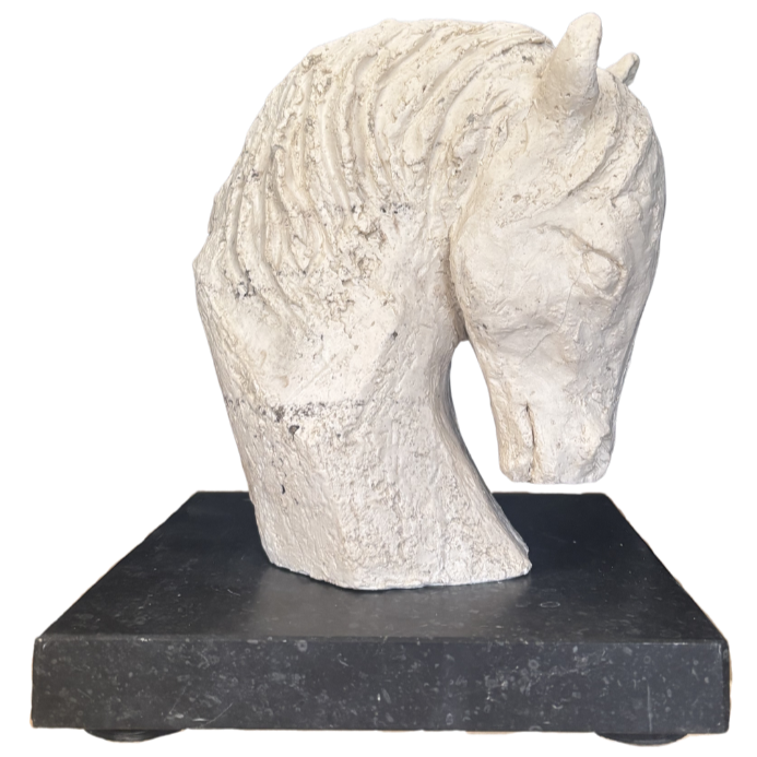 Een sculptuur van een olifantenkop gemaakt van witachtig materiaal op een zwarte sokkel.