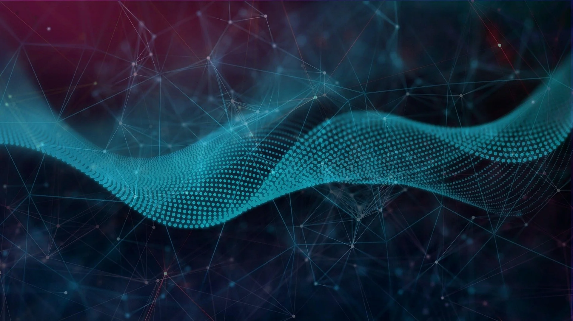 Digital abstract background featuring a flowing blue wave of dots and connected lines and points on a dark background.