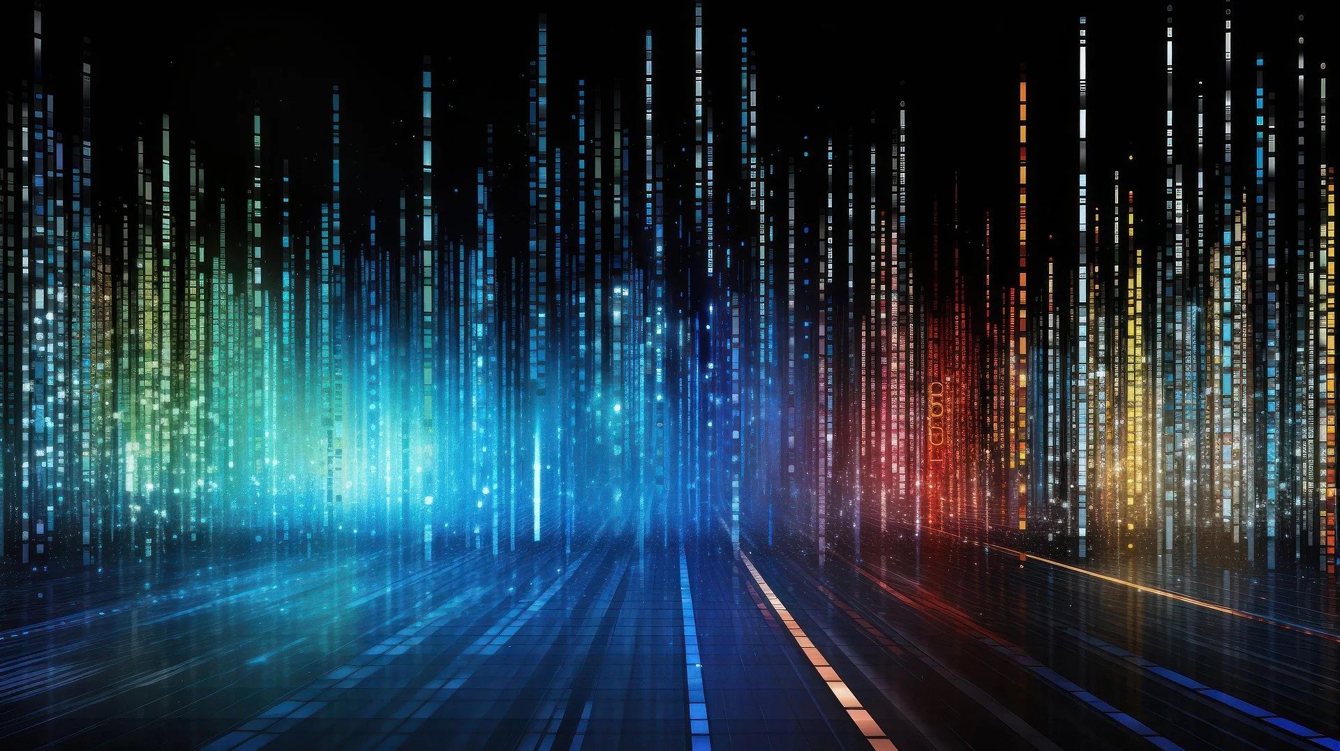 Digital futuristic cityscape with vertical neon lights in blue, green, red, and yellow hues on a dark background, resembling a high-tech data network.