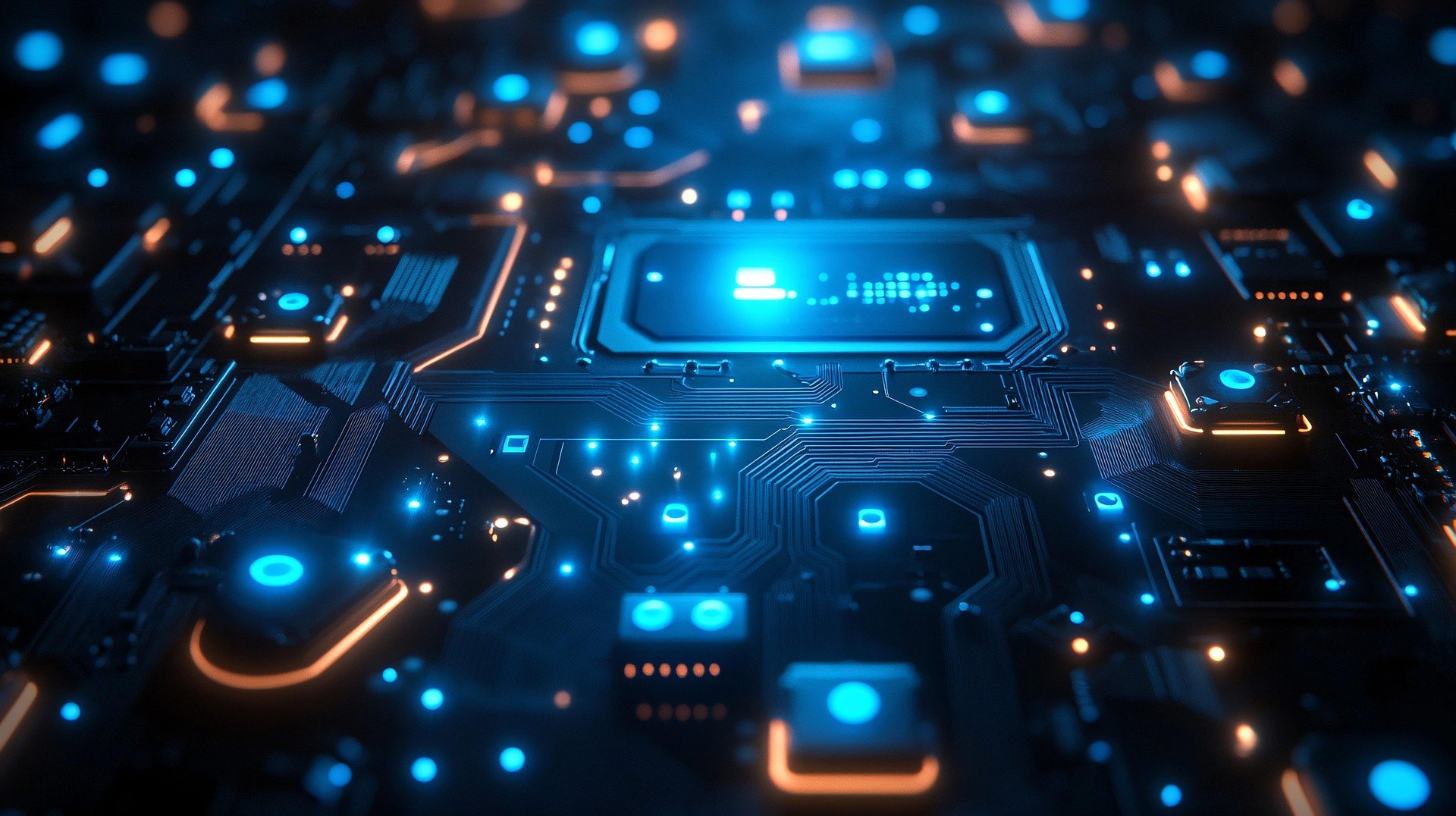Close-up of a futuristic electronic circuit board with glowing blue and orange lights.