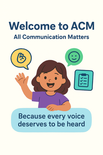 An illustrated poster welcoming to the American College of Management, emphasizing communication importance with a girl waving, speech bubble with a hand gesture, a smiling face, and a clipboard with checkmarks, and the text 'Because every voice deserves to be heard.'