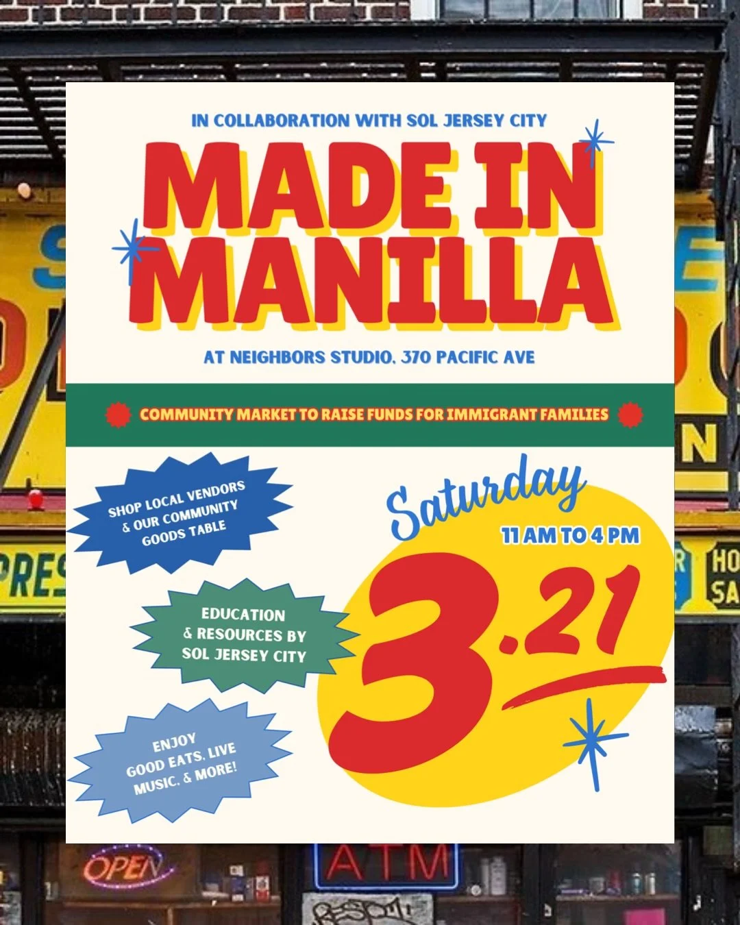 Hello folks! Excited to officially announce our Made in Manilla Market happening on Saturday, March 21st at @neighborsstudio__ 🌴✨

In collaboration with @sol.jerseycity , we are hosting a community vendor market fundraiser to raise meaningful funds 