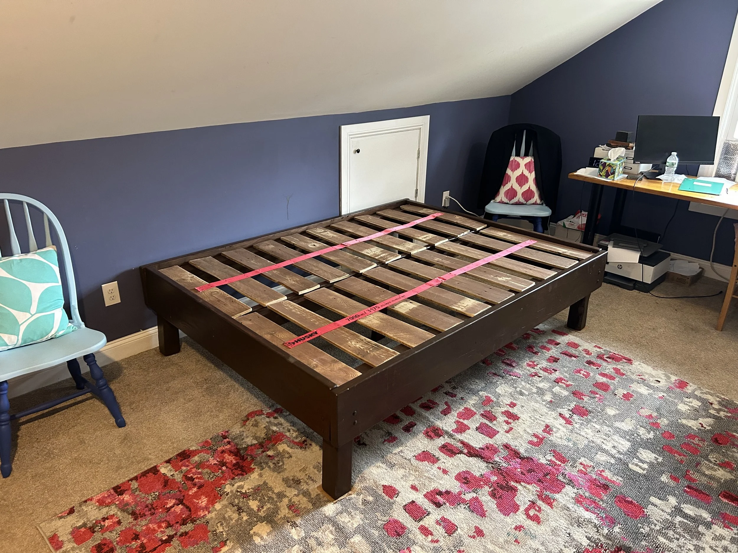 bed frame 
(reclaimed fence, tow straps, pine)