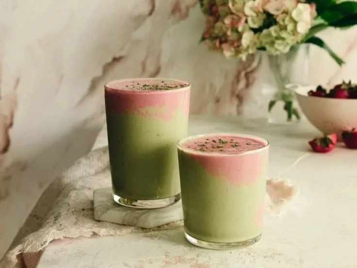 Two layered pink and green smoothies in glasses on a white surface, with a bowl of strawberries and a bouquet of flowers in the background.