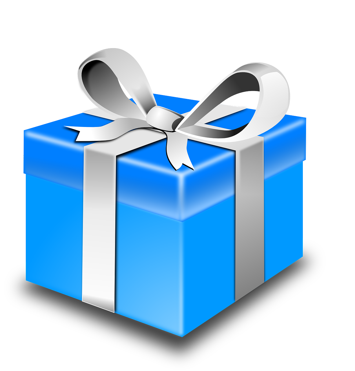 A blue gift box wrapped with a silver ribbon and bow