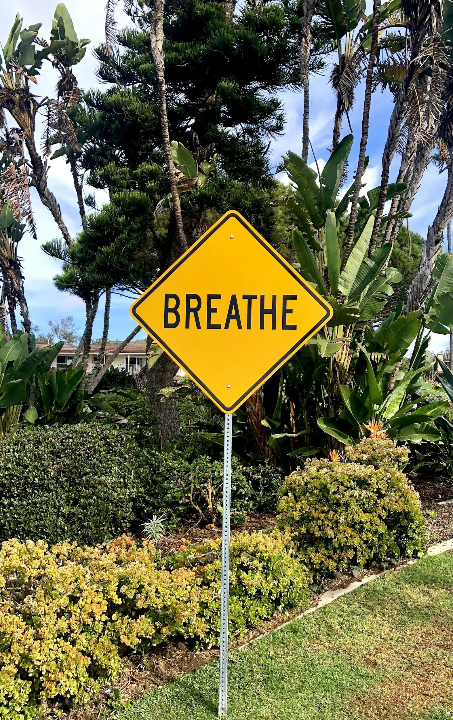 A yellow diamond-shaped sign with the word 'BREATHE' in black letters, placed among lush green bushes and trees, with a house visible in the background under a cloudy sky.