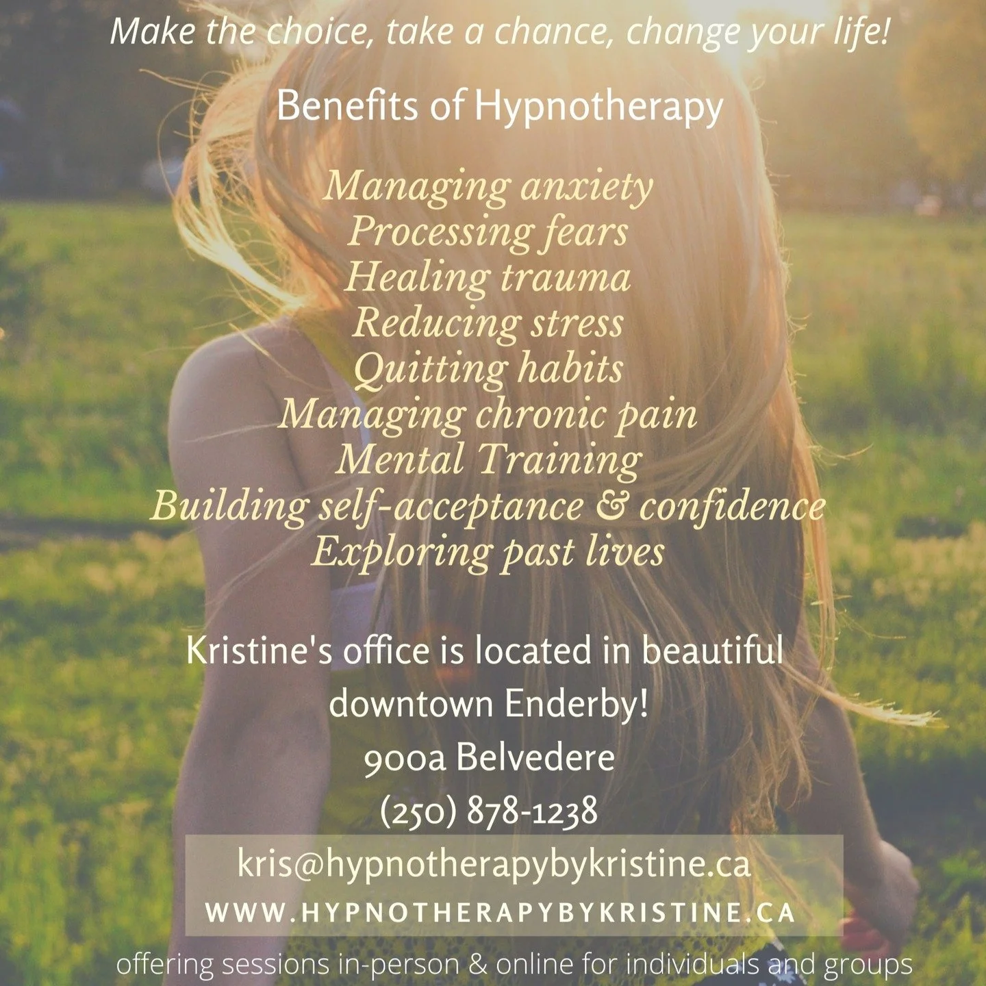 Hypnotherapy is beneficial in so many ways. 
If you have outdated patterns or beliefs that you are ready to move past hypnotherapy can help you do just that!

I offer individual sessions as well as group experiences and free consultations if you have