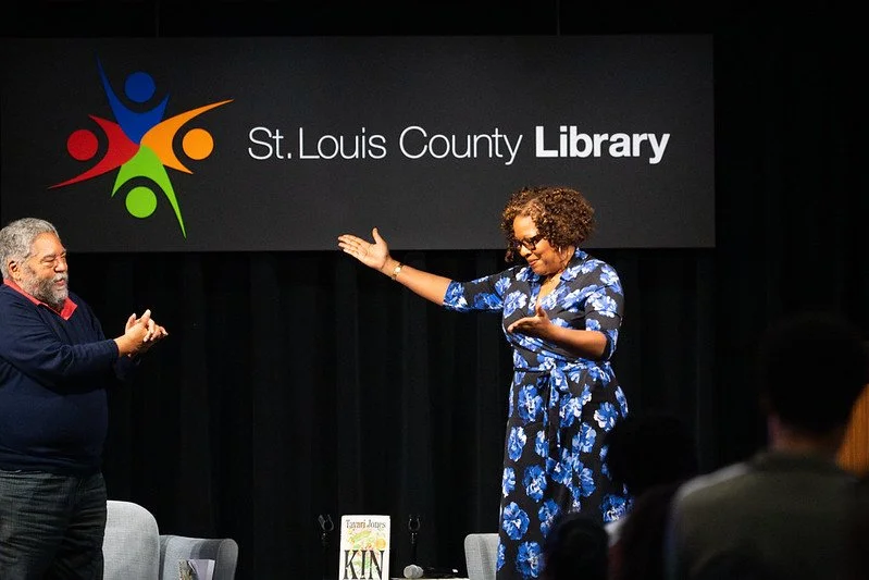 Kimbilio welcomed two literary powerhouses @tayari and @sadeqasays for brilliant conversations at the St. Louis County Library with our partners @stlouiscountylibrary , @ameren , @leftbankbooks and others! We hope you will stay tuned for our fall in-