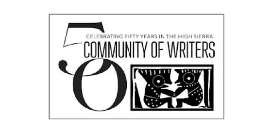 Logo celebrating fifty years of the Community of Writers in the High Sierra, featuring a stylized mountain and a graphic of a wildcat.