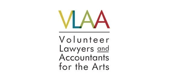 Logo of VLAA, Volunteer Lawyers and Accountants for the Arts, with colorful letters and black text below.