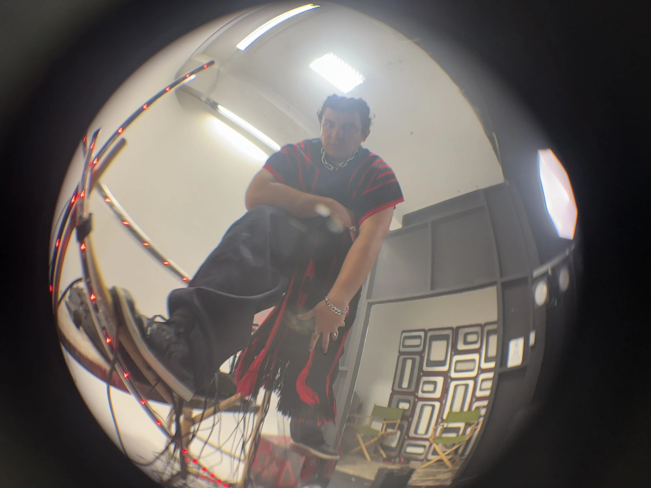 Person in a black and red striped shirt leaning over a chair, seen through a fisheye lens in a room with decorative wall art and chairs.