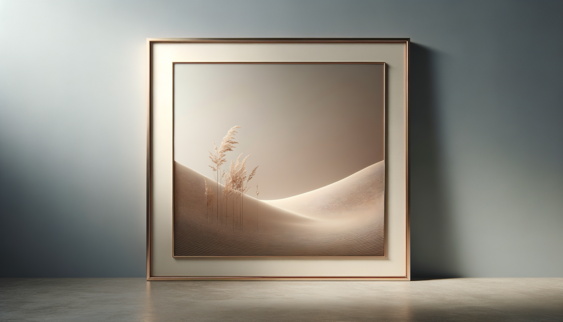 Framed minimalist landscape artwork of sand dunes with a few tall, wispy plants on the left side, illuminated by soft, warm lighting.