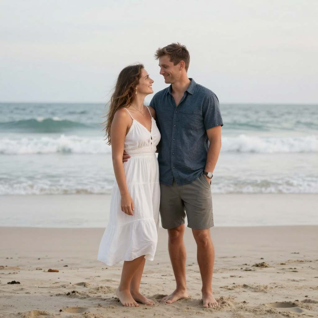 A couple smiling and looking into each other's eyes on the beach with ocean waves in the background.
