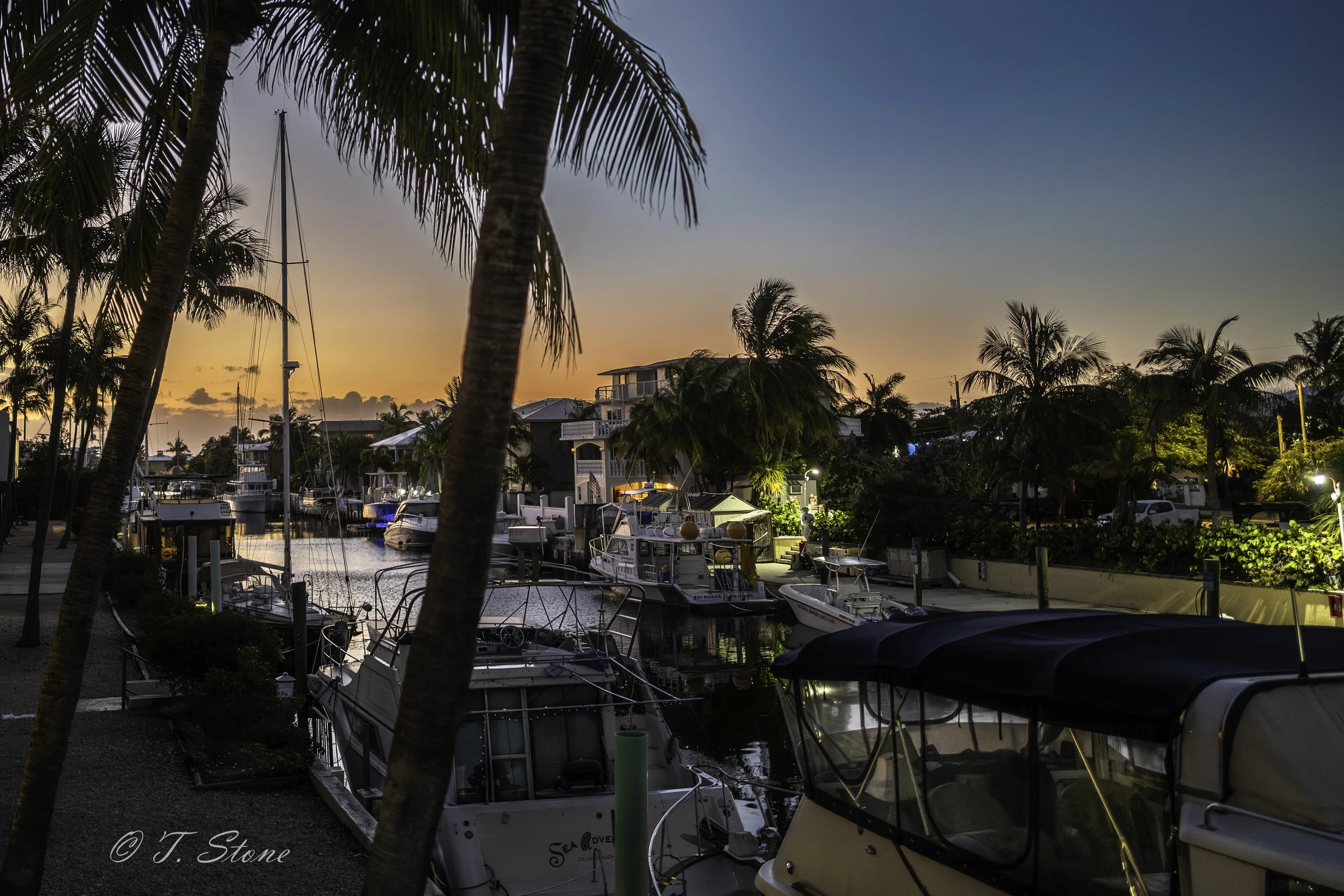 Boats docked in a marina at sunset, with palm trees and houses nearby, under a sky transitioning from orange to blue.
