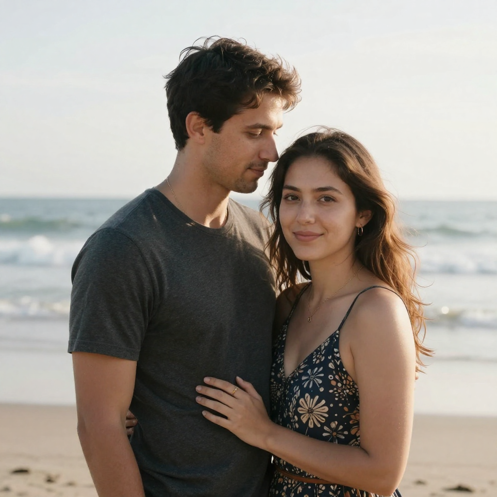 A young man and woman standing close together on a beach during sunset, with the ocean and waves in the background, smiling softly at the camera.