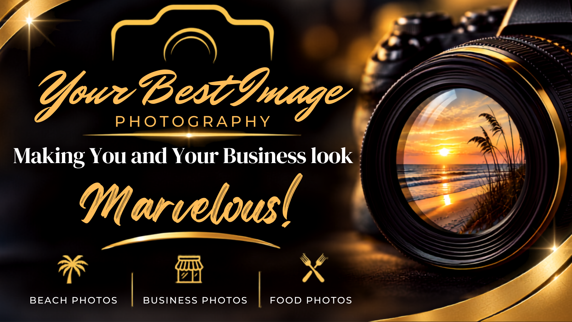 Promotional graphic for a photography business featuring a camera lens with a sunset beach scene reflection, and text promoting professional photography for businesses with icons for beach photos, business photos, and food photos.