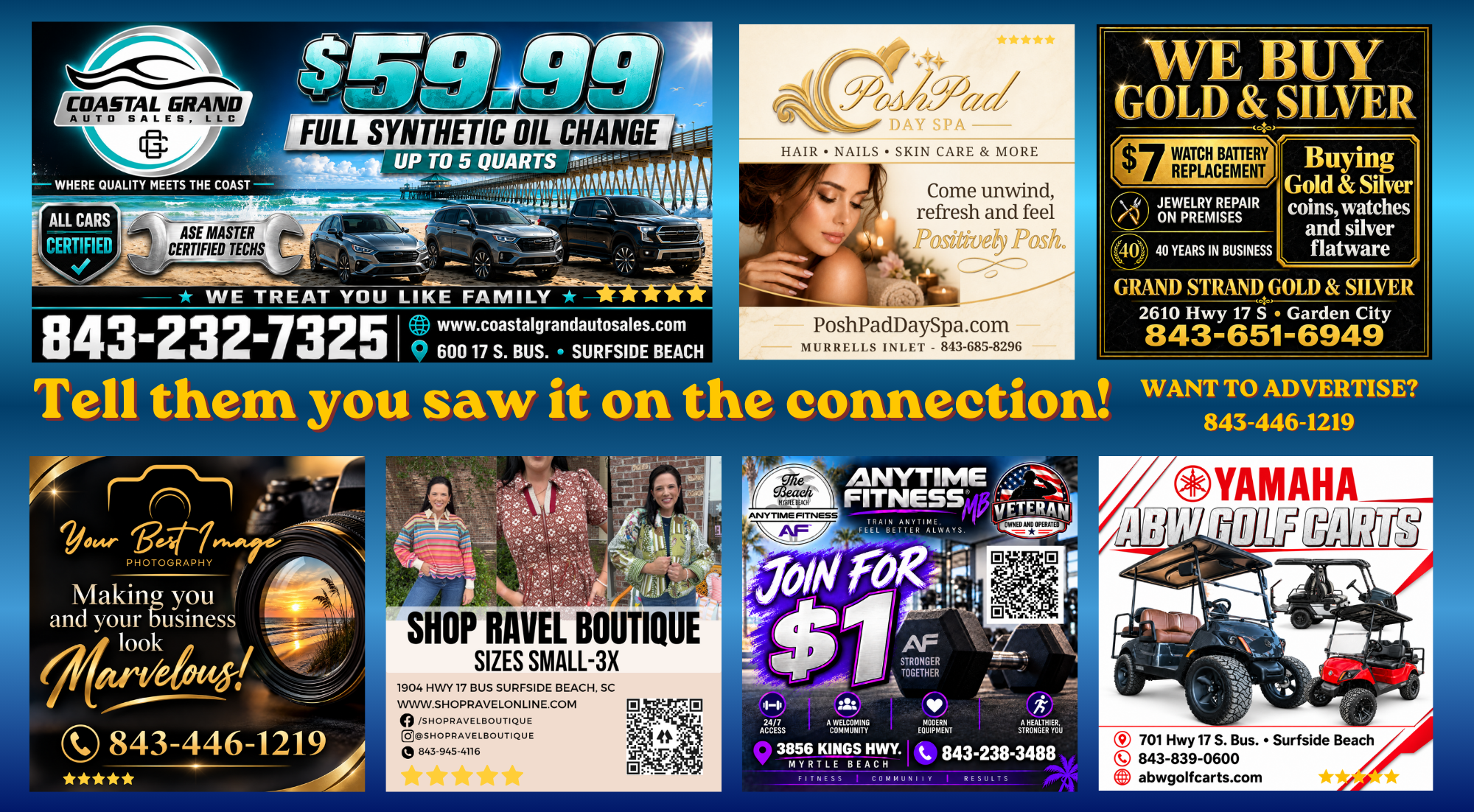 A collage of advertisements for local businesses, including a car dealership, a day spa, a golf cart seller, a photography business, a travel boutique, a fitness center, and a jewelry store, with contact information and promotional offers.