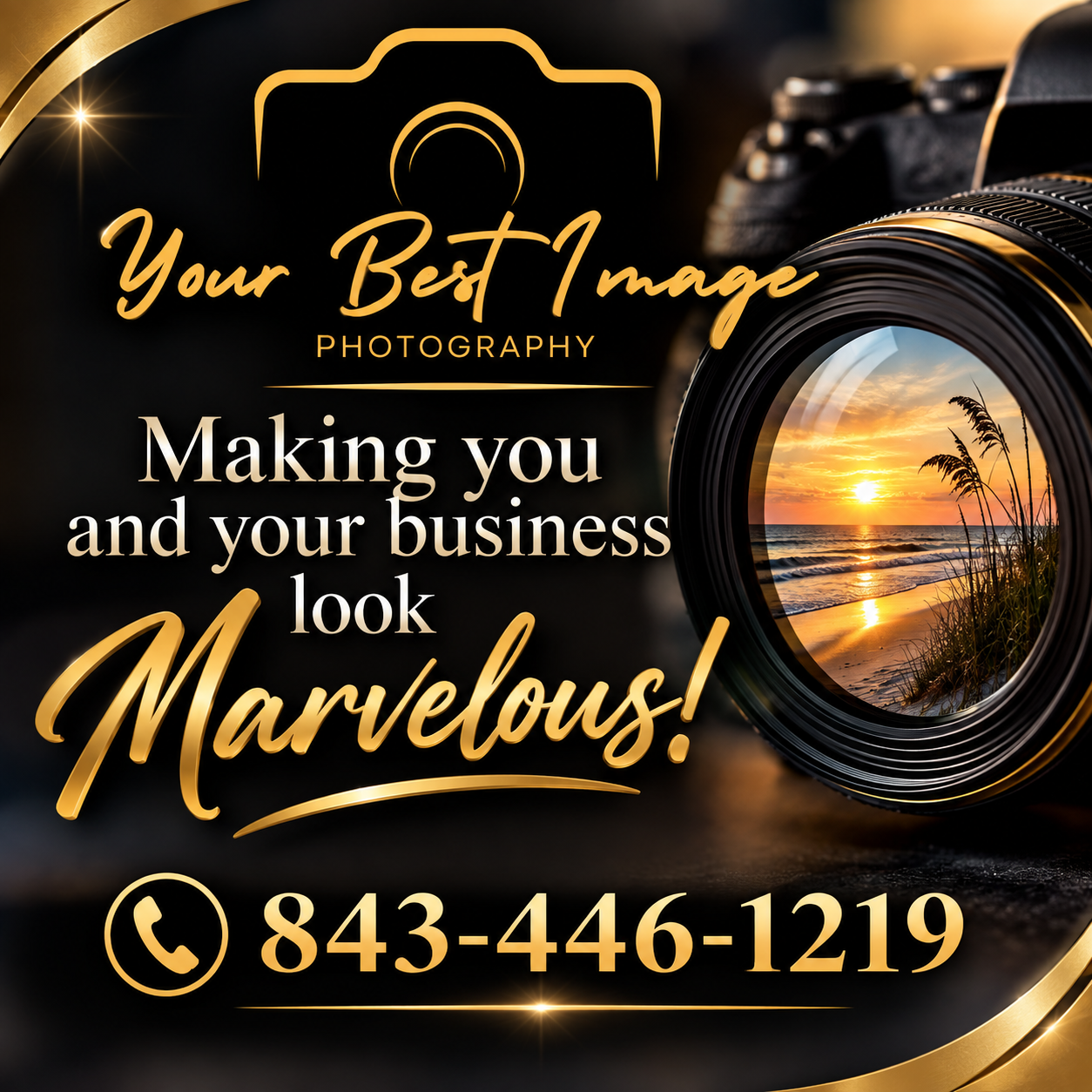 A digital advertisement for photography services featuring a camera with a sunset reflection in its lens, with text promoting photography to make businesses look marvelous, and including a contact phone number.