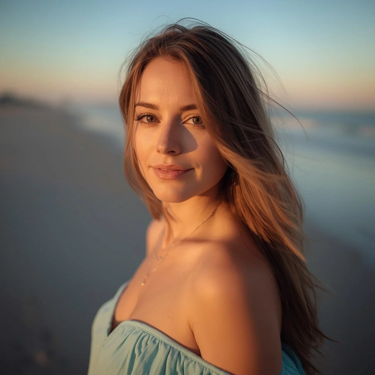 A young woman with long hair smiling at the camera on a beach during sunset.