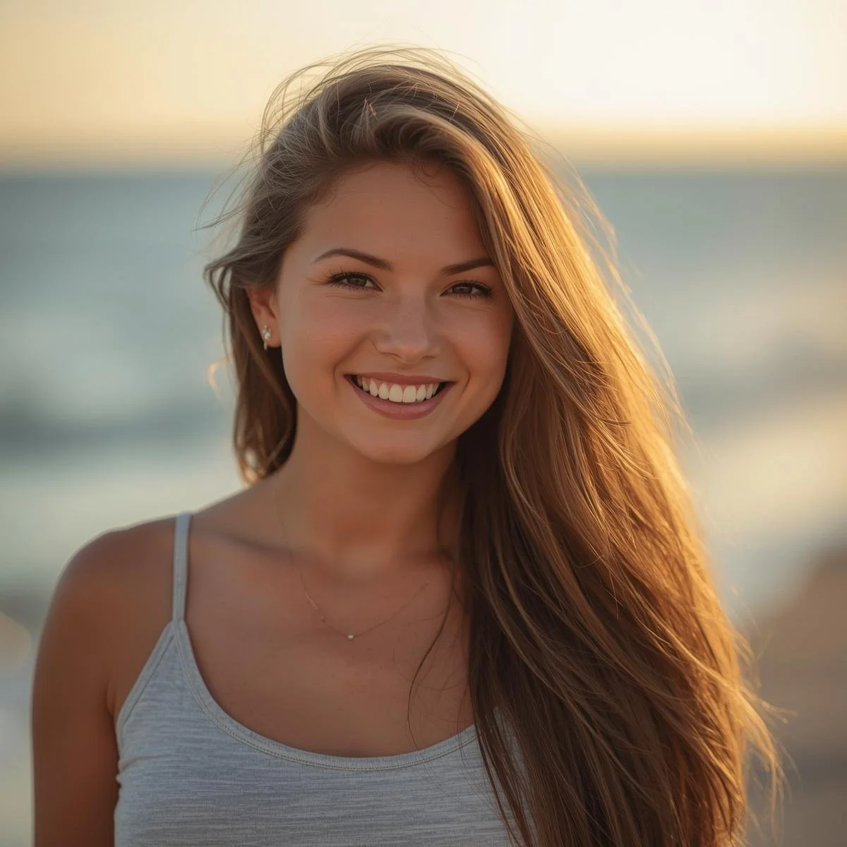 Smiling young woman with long hair at the beach during sunset.