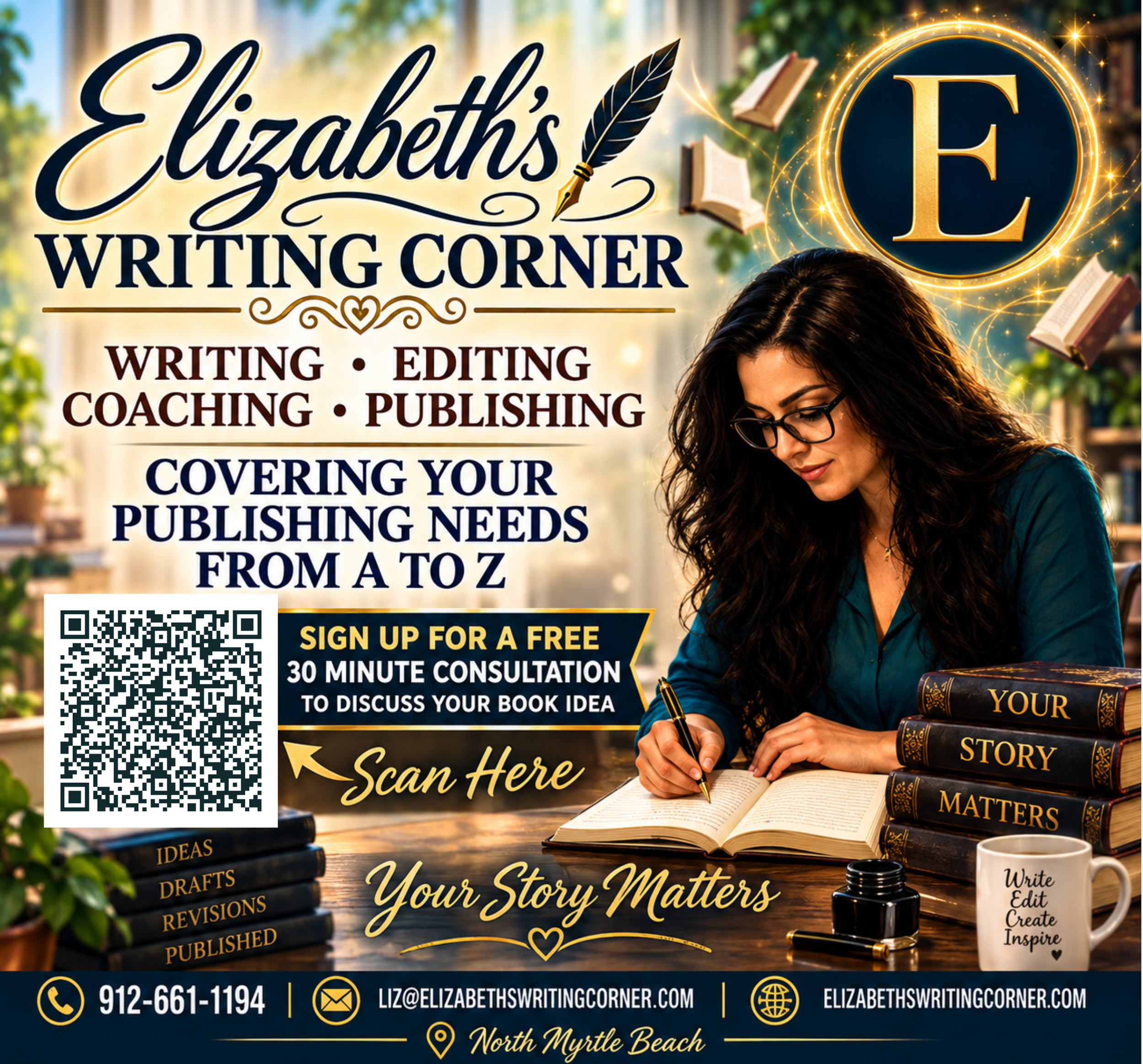 Promotional flyer for Elizabeth's Writing Corner, offering services like writing, editing, coaching, and publishing. Features a woman signing a book, stacks of books, a QR code, contact details, and a background with open books and decorative elements.
