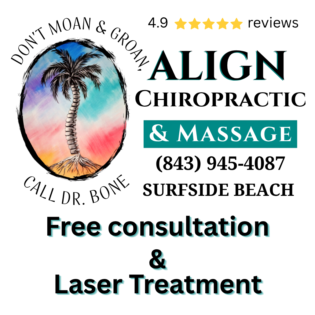 Business card for Align Chiropractic & Massage featuring a colorful artistic illustration of a palm tree in an oval shape, with contact details and a 4.9-star reviews rating.