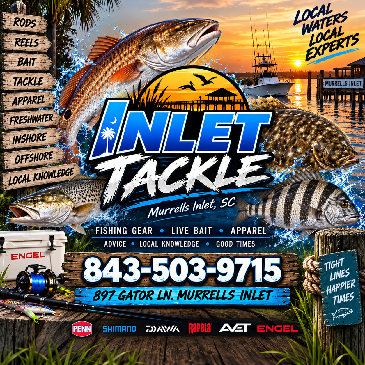 Advertisement for Inlet Tackle at Murrells Inlet, SC featuring fishing gear, live bait, and fish illustrations, with a background of sunset over the water and a boat dock.