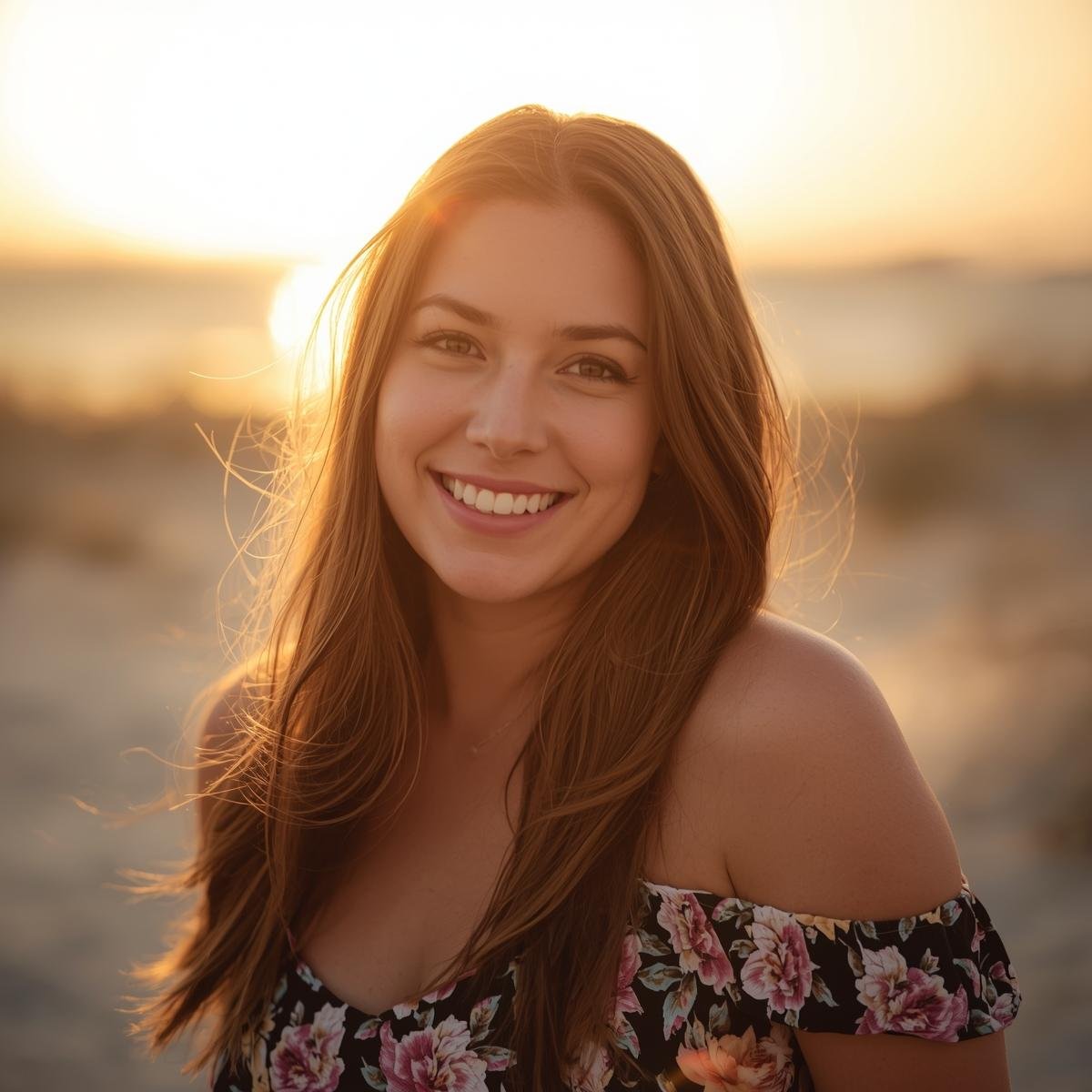 A young woman with long red hair smiling on the beach at sunset.