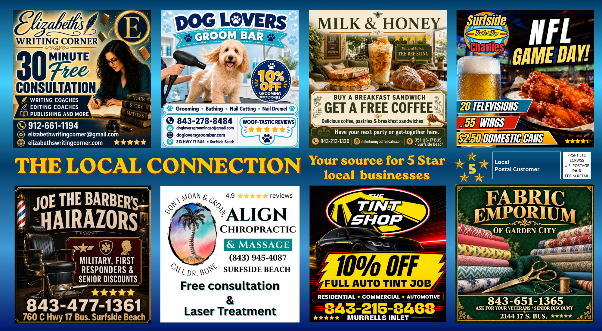 A colorful collage of local business advertisements, including a pet groomer, a breakfast cafe, a sports bar, a tattoo shop, a chiropractic clinic, a fabric store, and a barbershop, with various promotional offers and contact details.