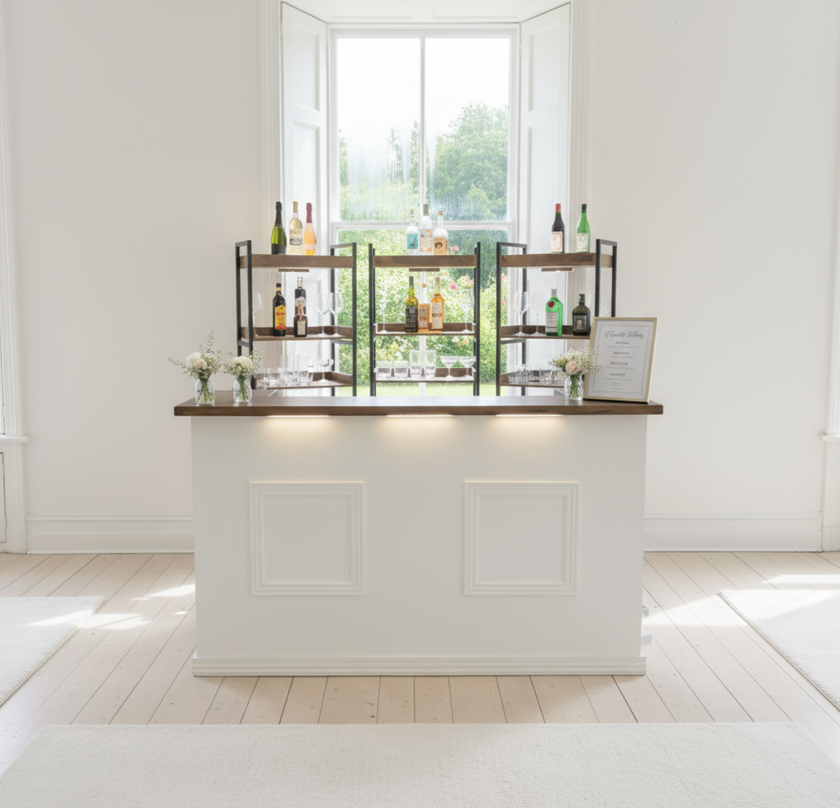 A home bar setup with bottles of alcohol, glasses, and small flower arrangements on a wooden counter, with a large window in the background letting in natural light.