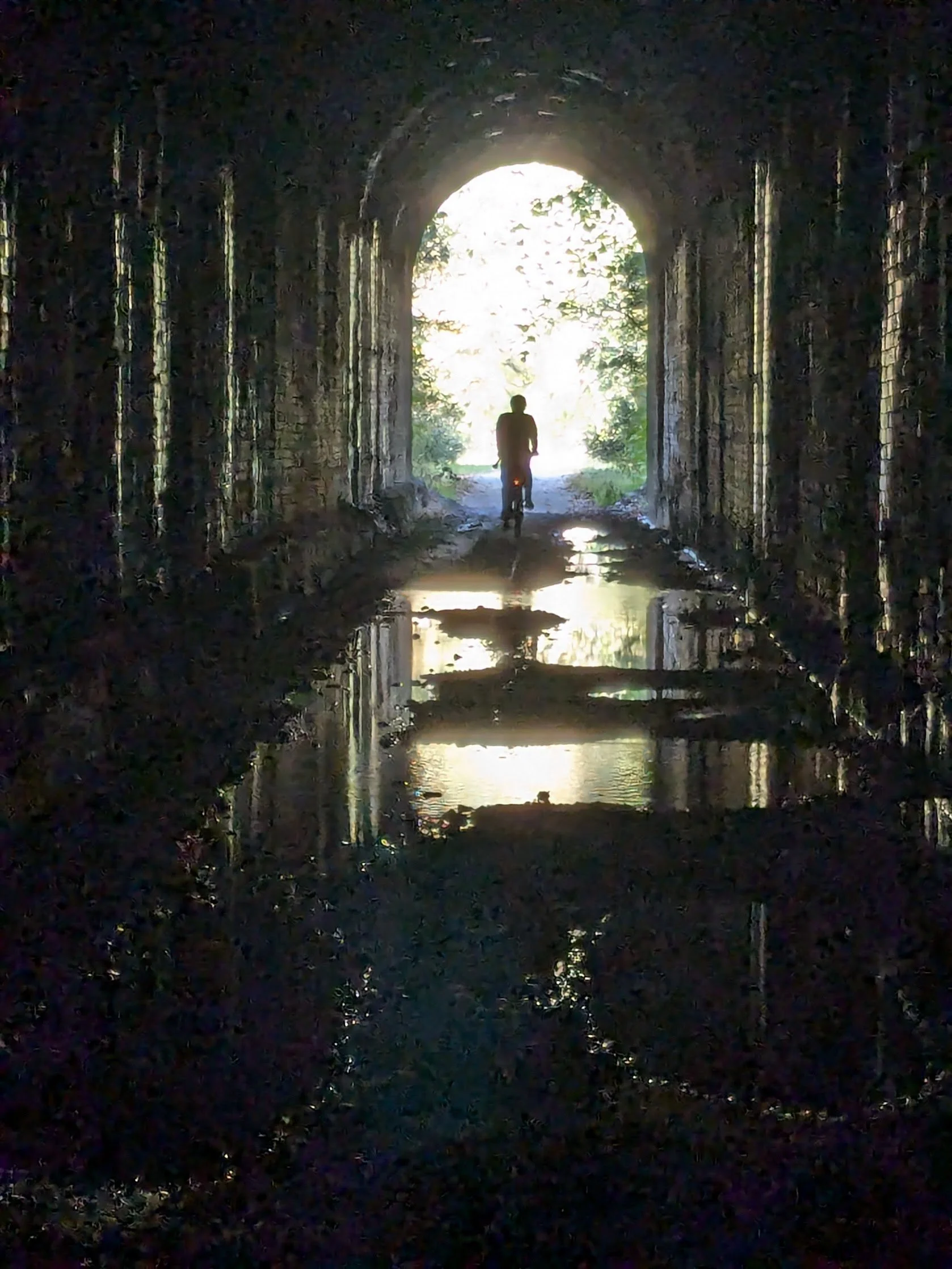 A person walking through a tunnel with sunlight outside, with puddles on the ground reflecting the tunnel and person.