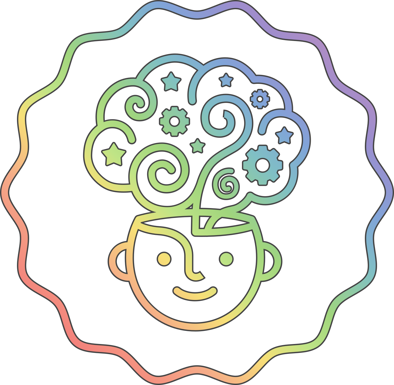 A neuroextraordinary mind, an absract face with a thought cloud filled with different symbols coming out from it, all coloured in a rainbow gradient.