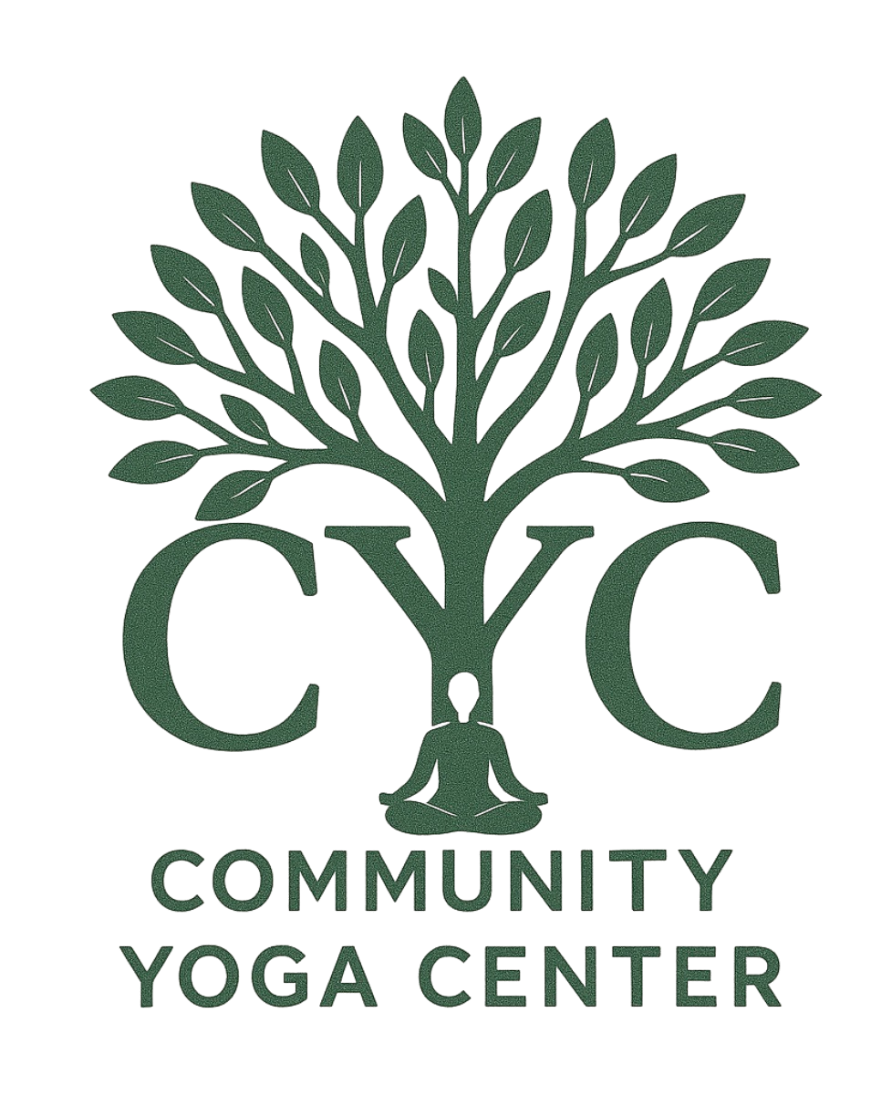 Logo of the Community Yoga Center featuring a tree with many branches and leaves, a person in a meditative pose beneath the tree, and the text "CYC Community Yoga Center."