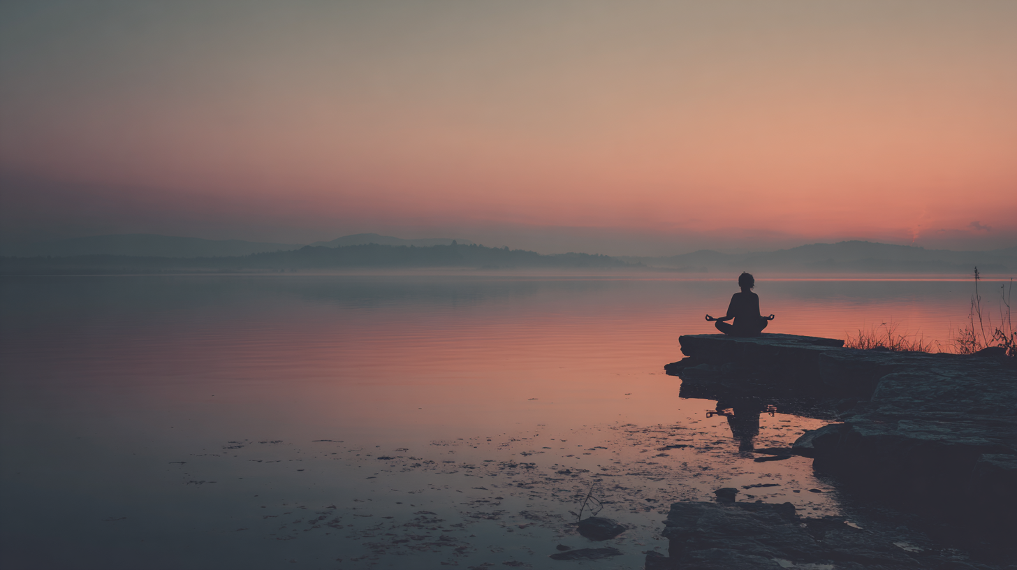 Woman meditating stress-free at the bank of a calm ocean