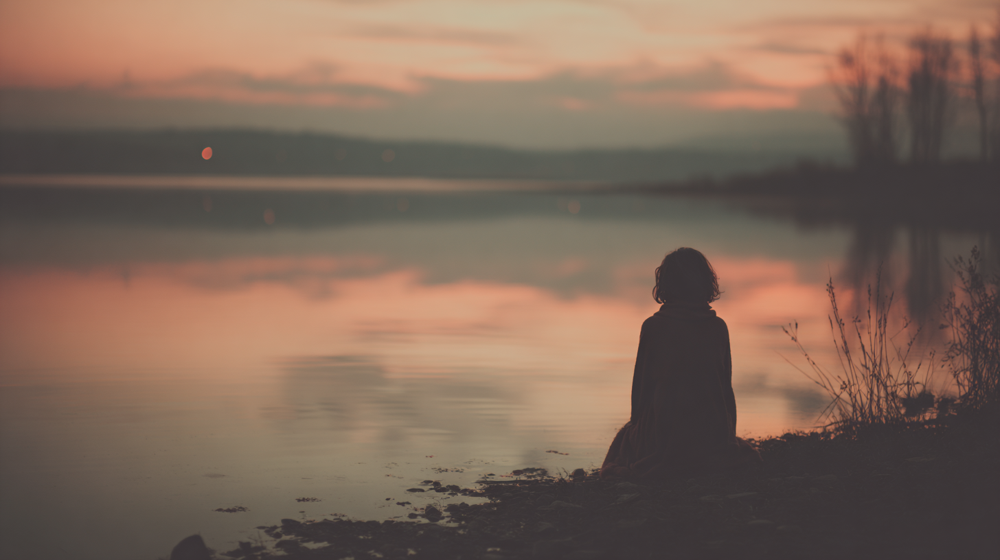 Close-up photo of woman calmly meditating at sunrise.