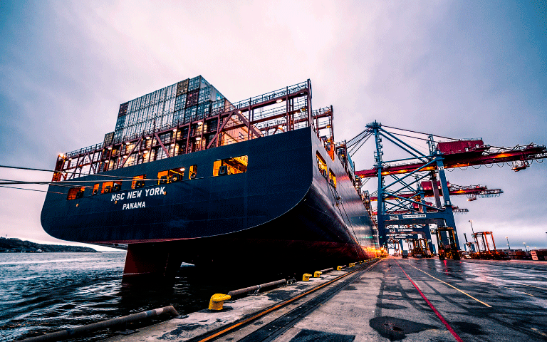 Vista de un buque carguero en un puerto con grúas de carga y almacenaje.