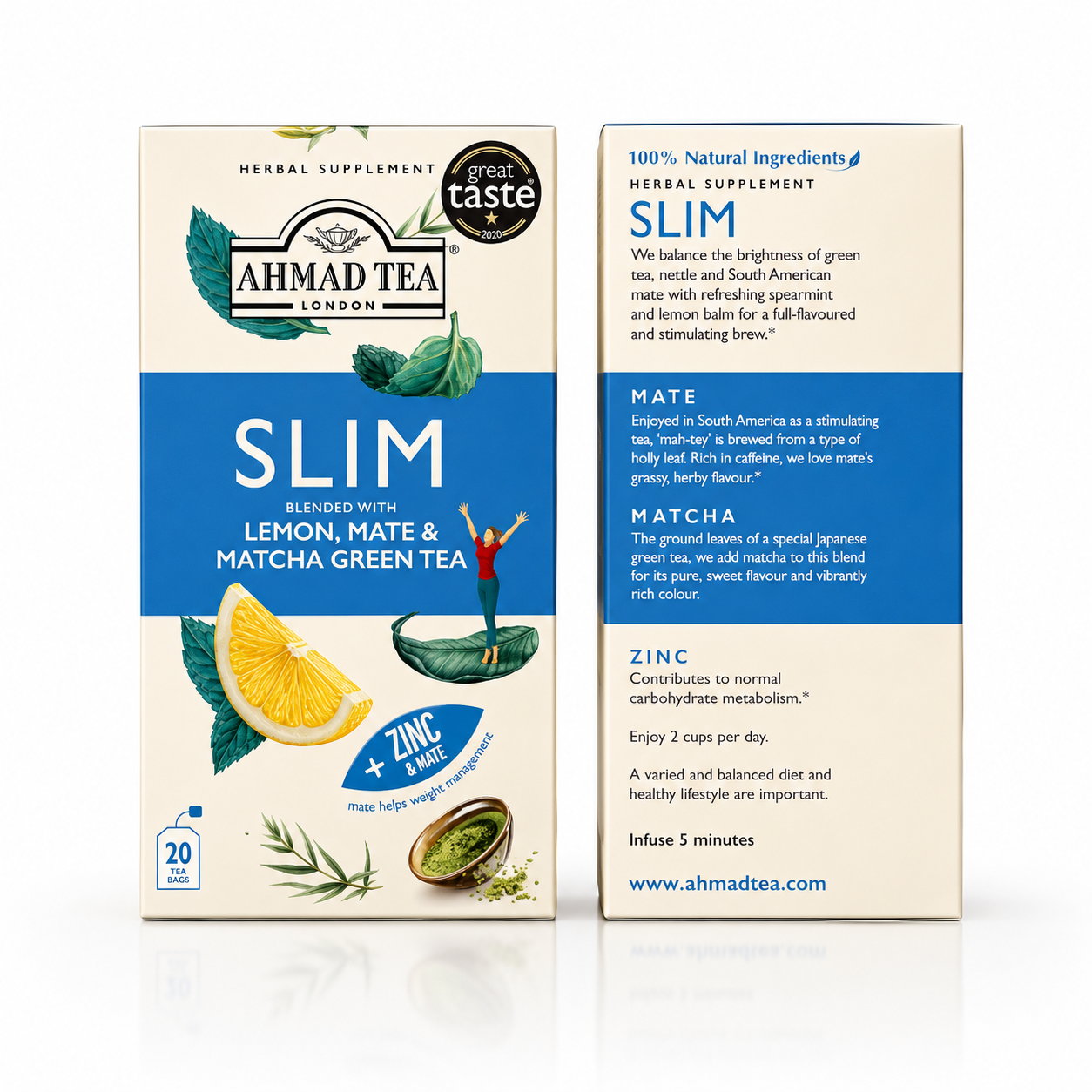 Ahmad Tea Slim Herbal Supplement Tea – Lemon, Mate & Matcha Green Tea Blend with Zinc