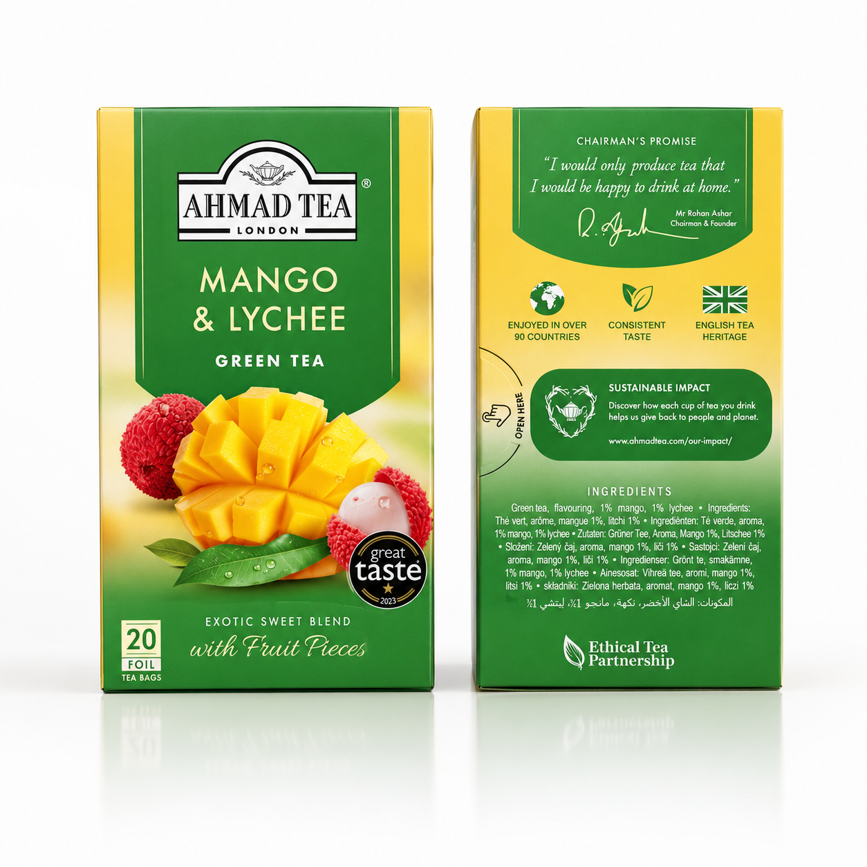 Ahmad Tea Mango & Lychee Green Tea – Tropical Fruit Green Tea with Real Fruit Pieces, 20 Foil Tea Bags