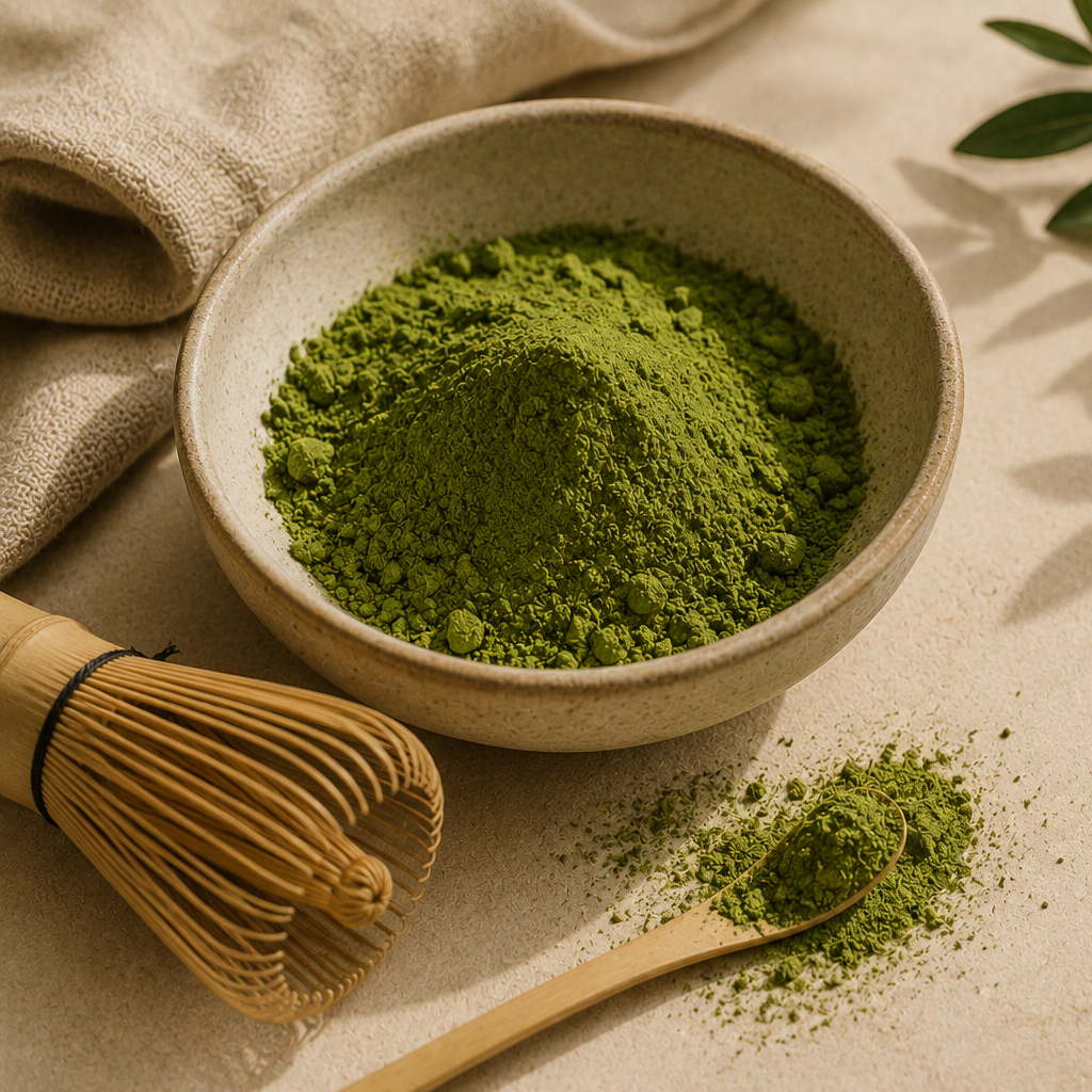 Green matcha powder in a ceramic bowl with a bamboo whisk and wooden scoop on a beige surface. Global Teacup