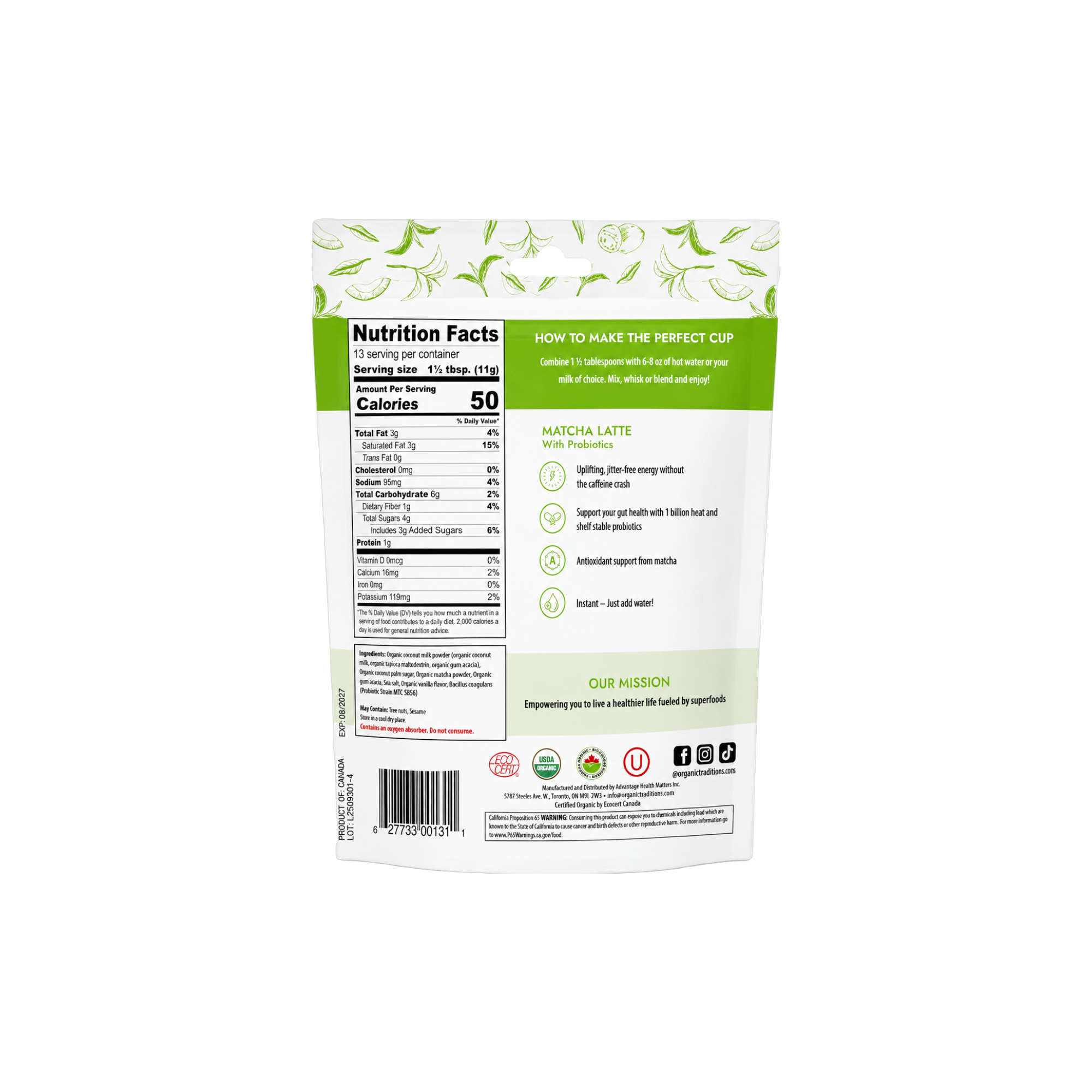 Organic Traditions Matcha Latte with Probiotics