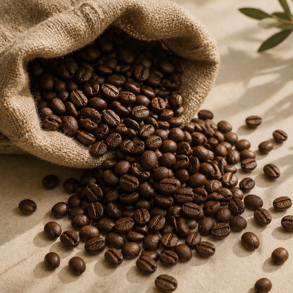 A burlap sack spilling dark roasted coffee beans onto a light-colored surface. Global Teacup