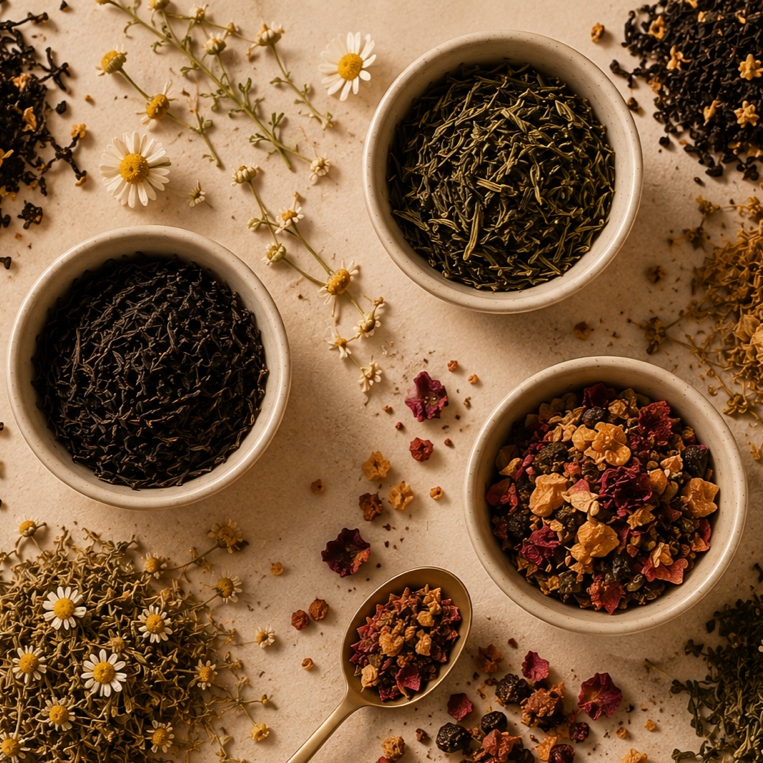 Assorted dried herbs and flowers in bowls and scattered on a light surface, with a small spoon of dried herbal mixture. Global Teacup