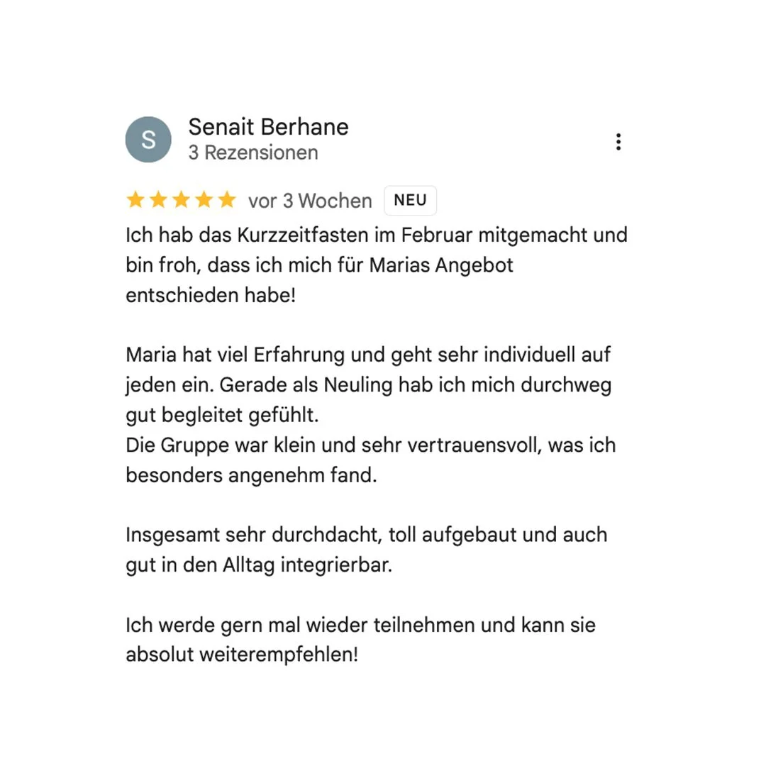 Review for Maria, positive feedback, mentions short-term fasting in February, experience, and trust in Maria, small group, and personal feeling.